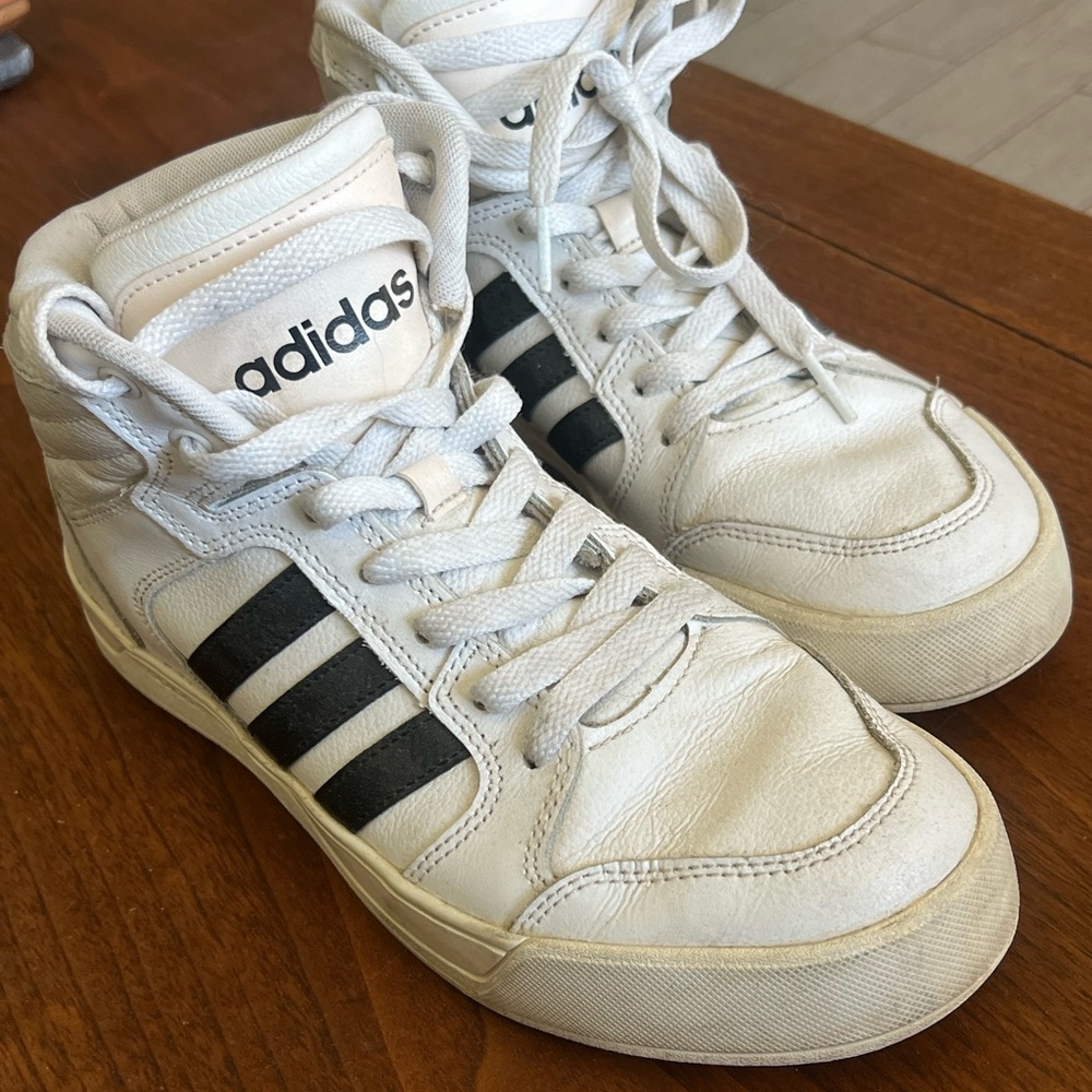 Adidas High Top White Sneakers with Black Stripes